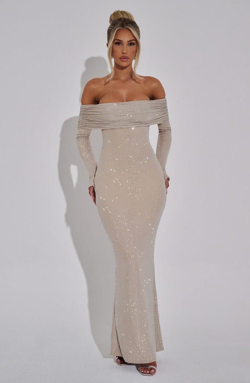 Babyboo Cyprus Glamorous Off-Shoulder Nude Maxi Dress Size Medium NWT